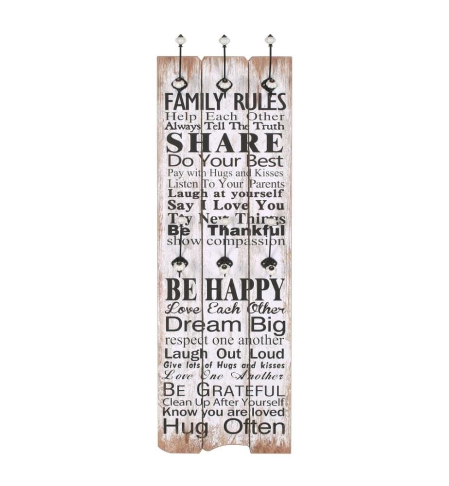 Wandgarderobe mit 6 Haken 120 x 40 cm "FAMILY RULES"
