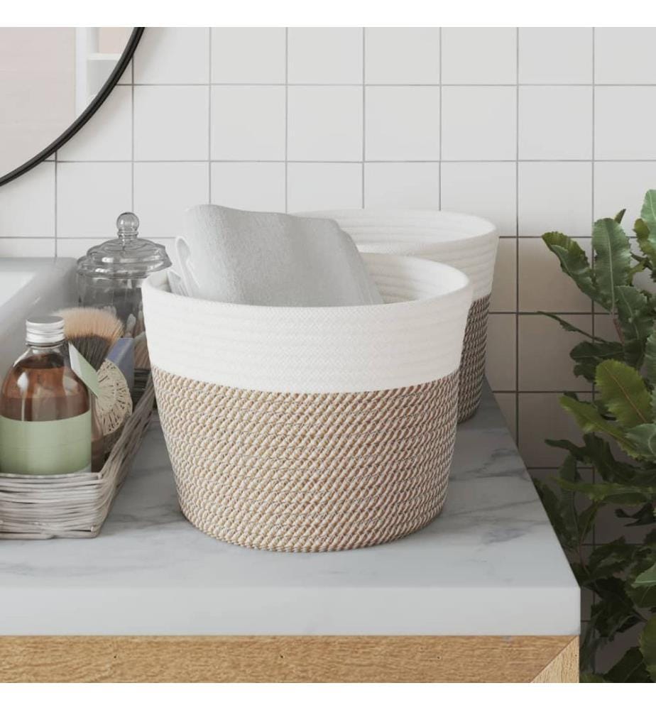 Paniers de rangement 2 pcs marron et blanc Ø24x18 cm coton