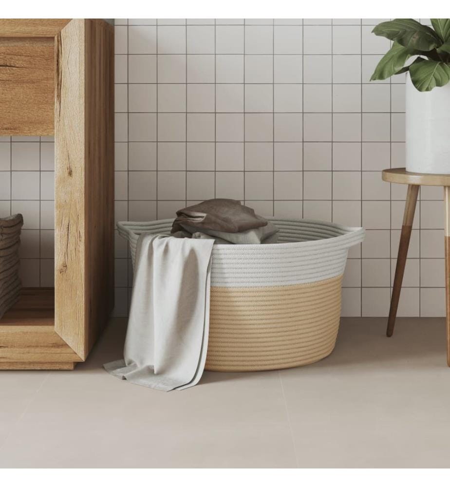 Panier de rangement beige et blanc Ø40x25 cm coton