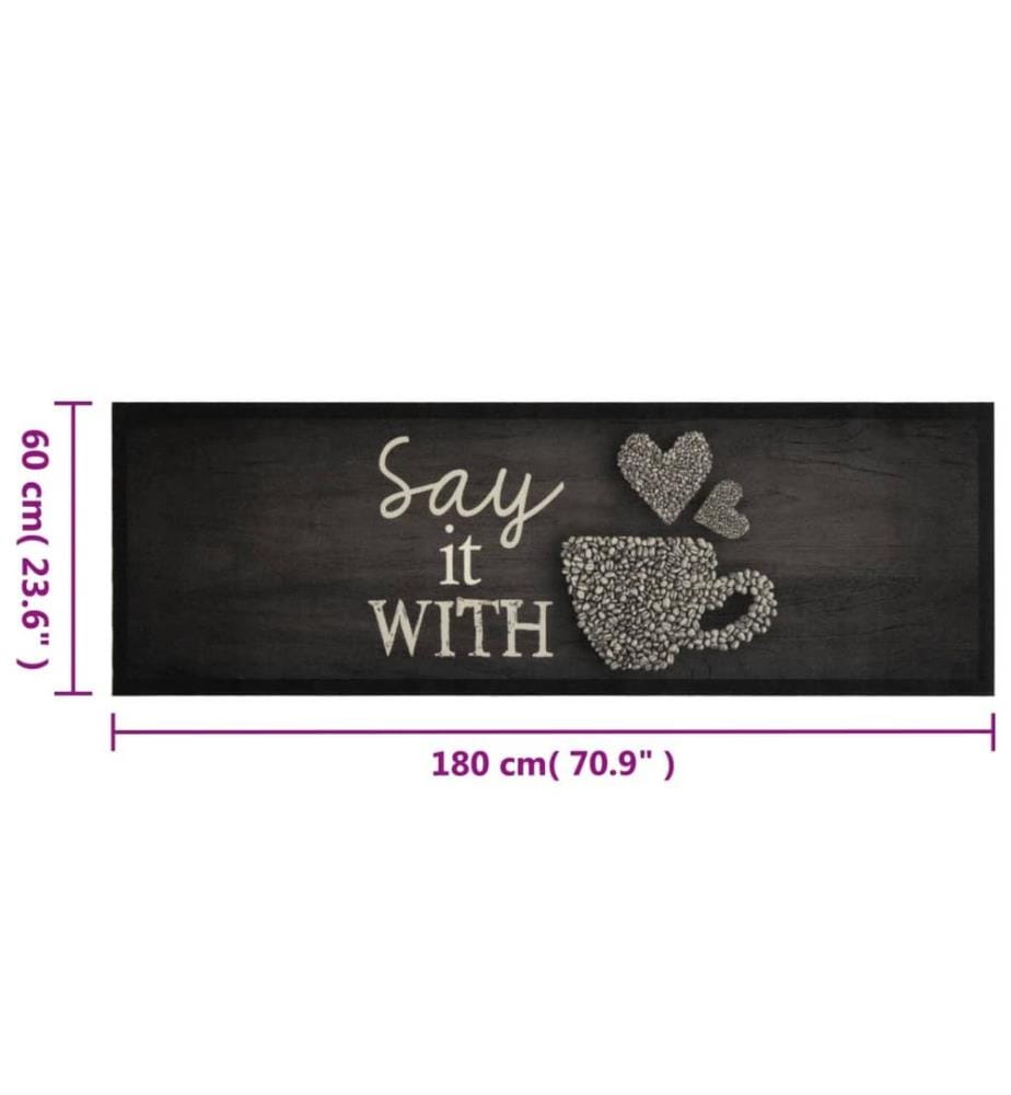 Tapis de cuisine lavable imprimé tasse noir 60x180 cm velours
