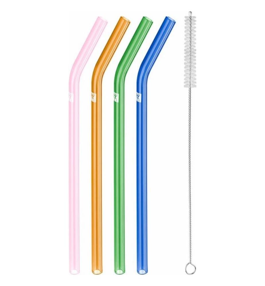 Set aus 4 gebogenen Glasstrohhalmen - 23cm - Ø9mm + Bürste - Mehrfarbig