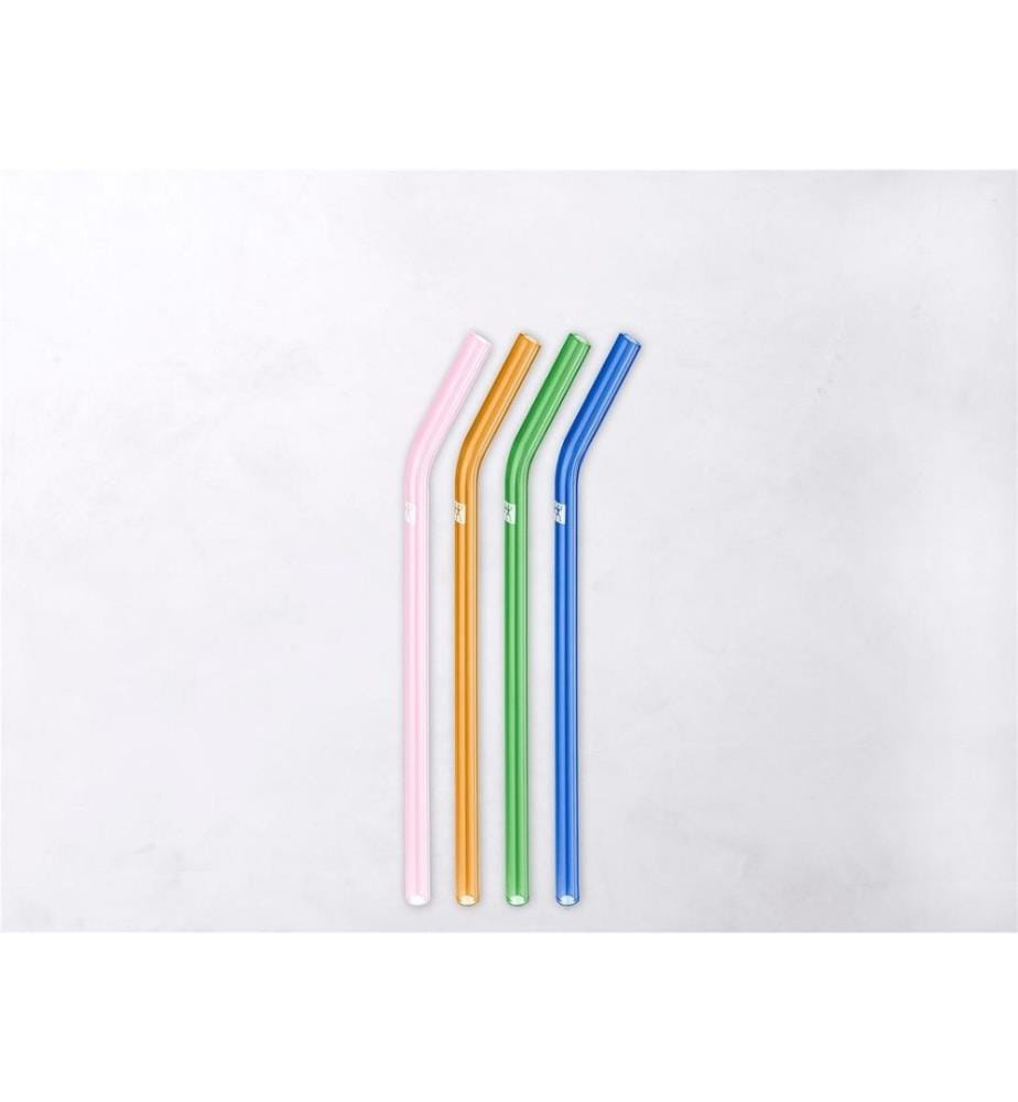 Set aus 4 gebogenen Glasstrohhalmen - 23cm - Ø9mm + Bürste - Mehrfarbig