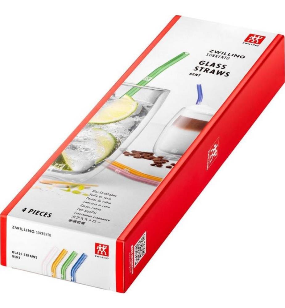 Set aus 4 gebogenen Glasstrohhalmen - 23cm - Ø9mm + Bürste - Mehrfarbig