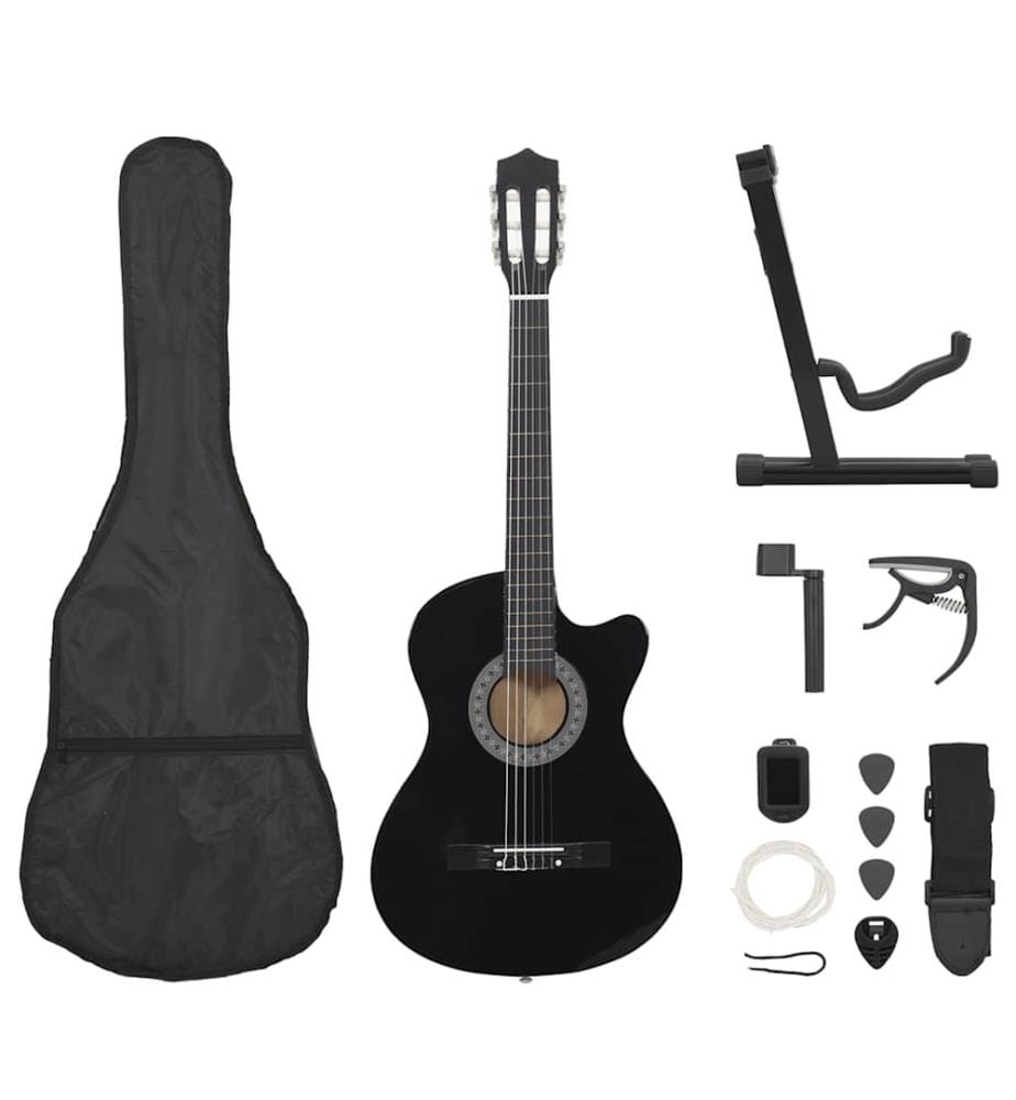 12-tlg Westerngitarre Set mit 6 Saiten Schwarz 38"