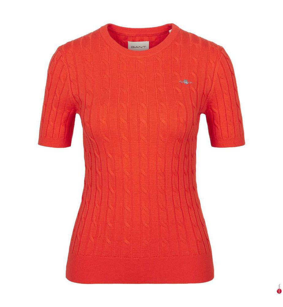 T-Shirt Stretch Cotton Cable C-Neck - Orange Red