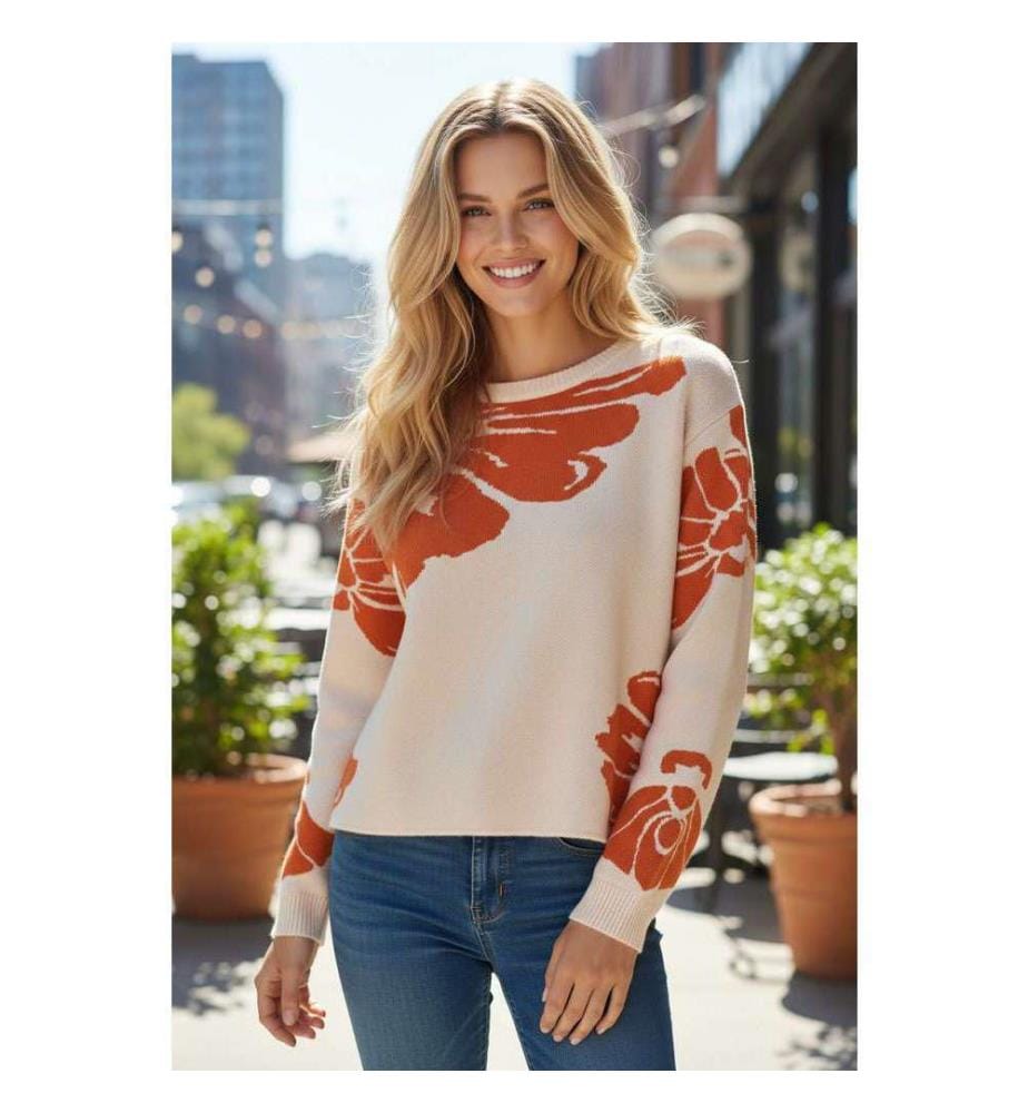 Pull Ample Beige À Manches Larges Et Motif Floral Audacieux - Beige