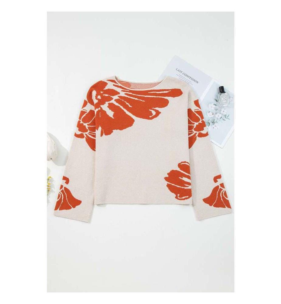 Pull Ample Beige À Manches Larges Et Motif Floral Audacieux - Beige