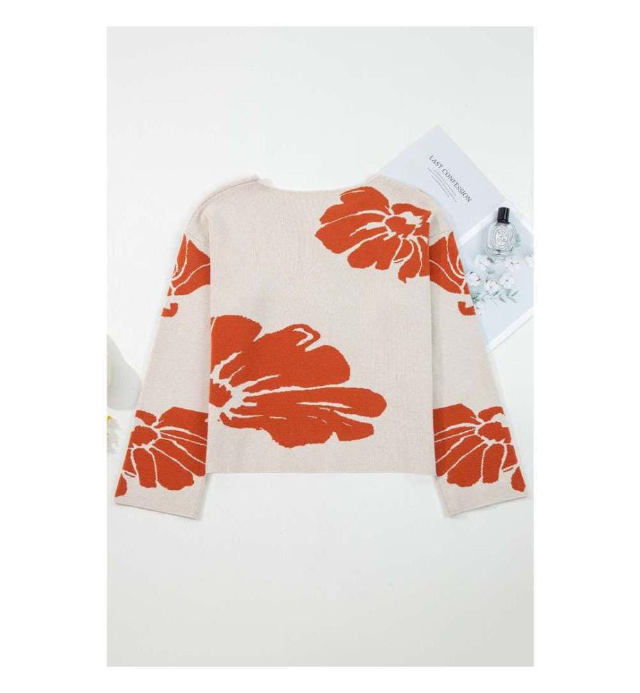 Pull Ample Beige À Manches Larges Et Motif Floral Audacieux - Beige