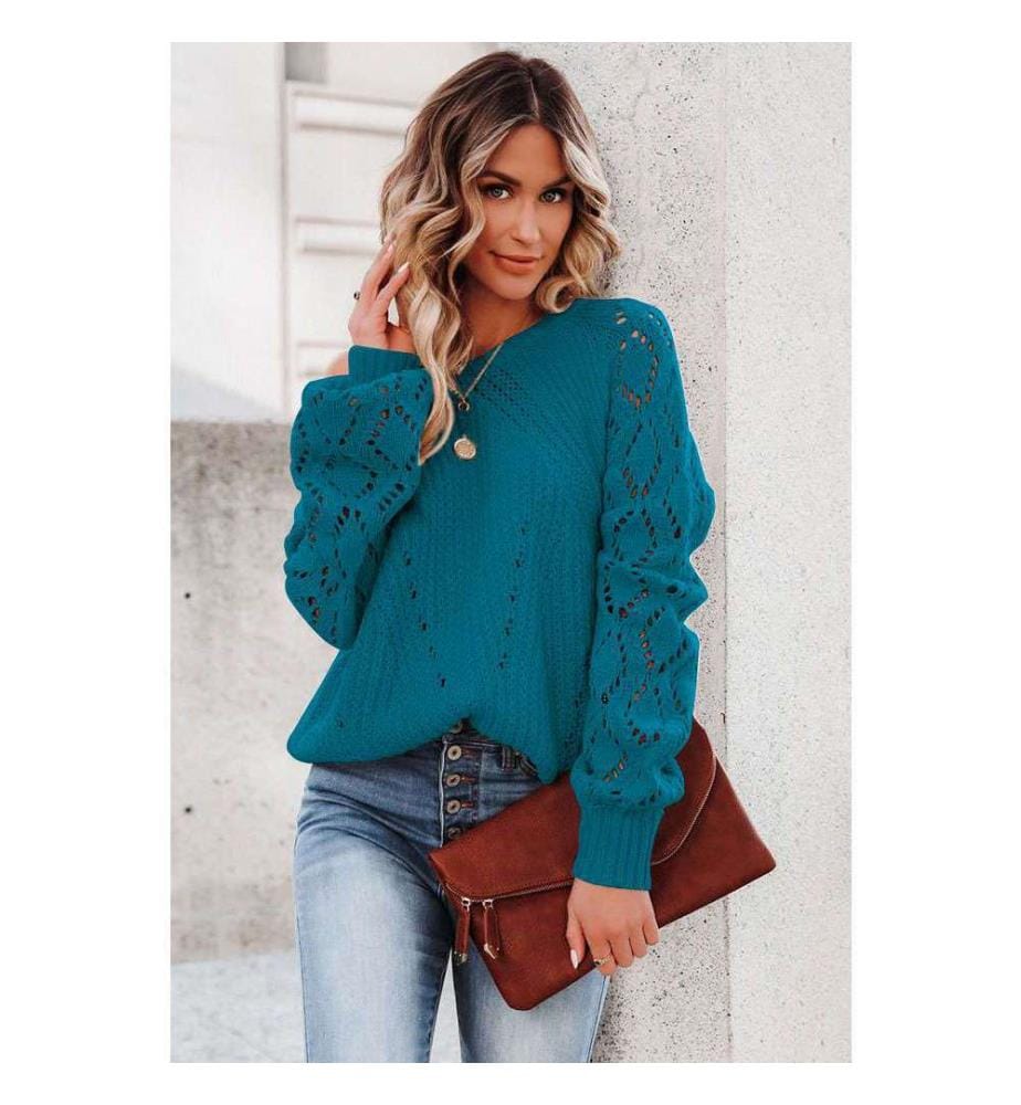 Pull En Tricot Bleu À Manches Bouffantes Et Ajourées - Blue-3