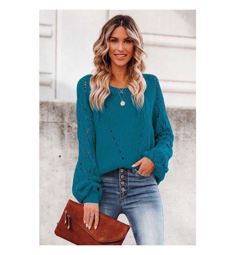 Pull En Tricot Bleu À Manches Bouffantes Et Ajourées - Blue-3