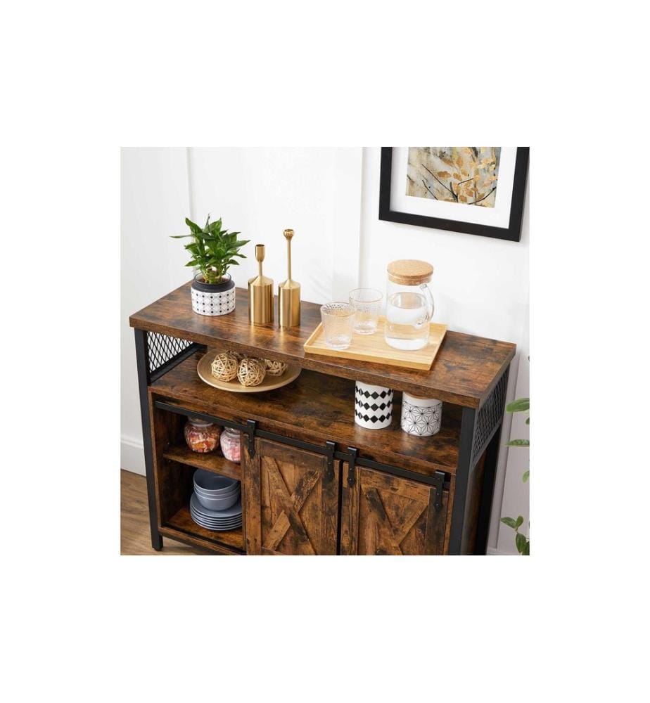 VASAGLE - Sideboard mit 2 Schiebetüren 100 x 80 cm, Schwarz/Braun