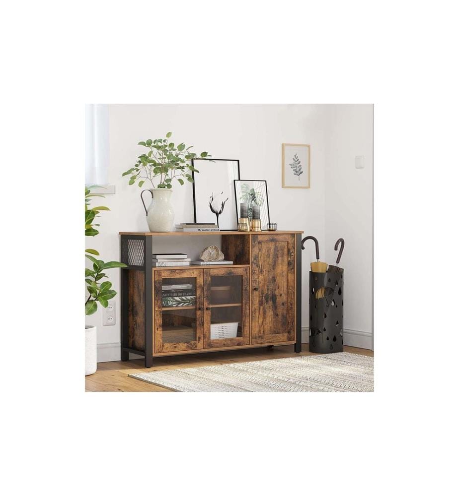 VASAGLE - Sideboard mit 3 Türen 110 x 75 cm, Schwarz/Braun