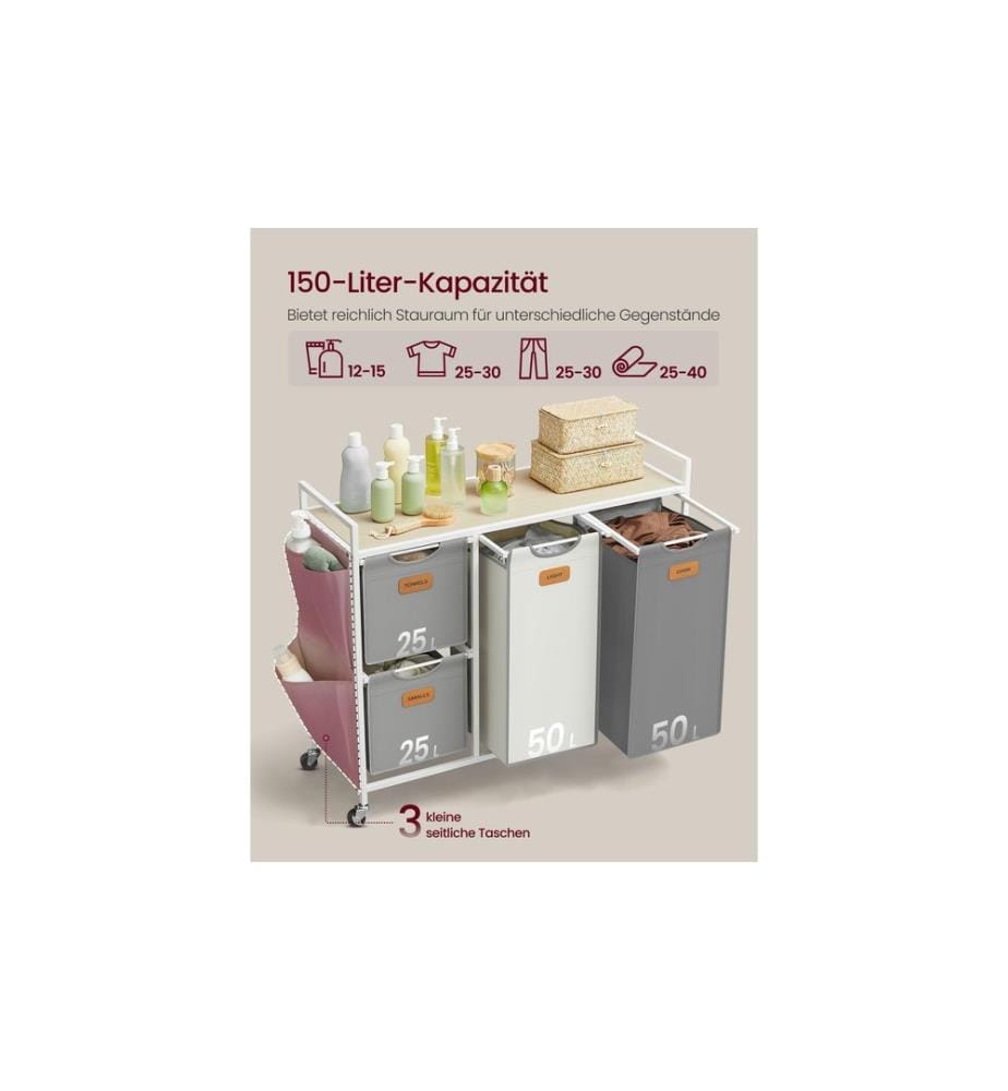VASAGLE - Wäschekorb  mit 4 Körben 150 l, Beige/Weiss/Taubengrau