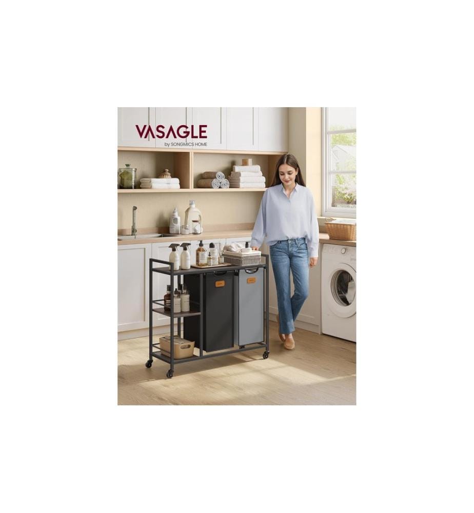 VASAGLE - Wäschekorb  mit 2 Fächern 100 l, Schwarz/Braun/Grau