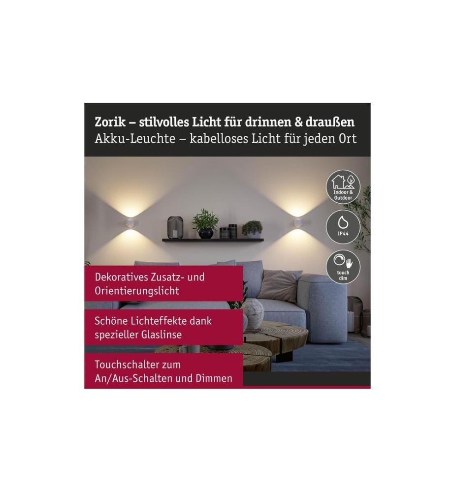 Applique murale à batterie LED Paulmann Zorik 2700K dimmable Blanc