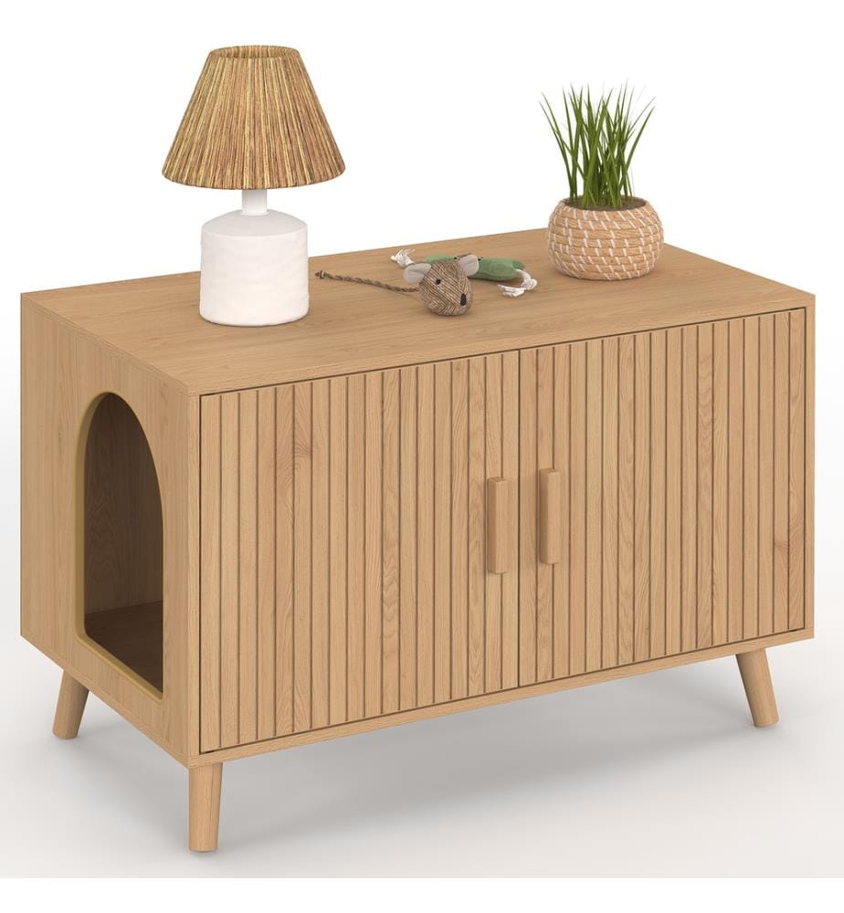 Cat Litter Box with Built-in Litter Tray - Wood
