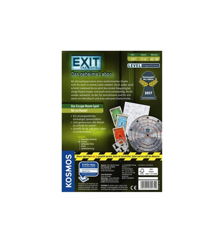 KOSMOS - Jeux de connaisseur EXIT: Das geheime Labor
