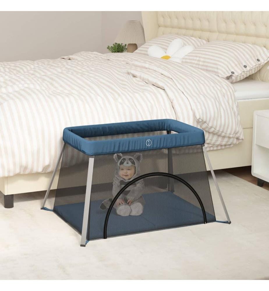 Baby-Laufstall mit Matratze Marineblau Leinenstoff