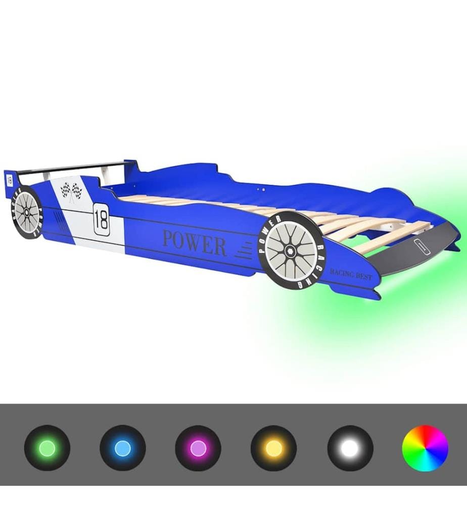 Lit voiture de course pour enfants avec LED 90 x 200 cm Bleu