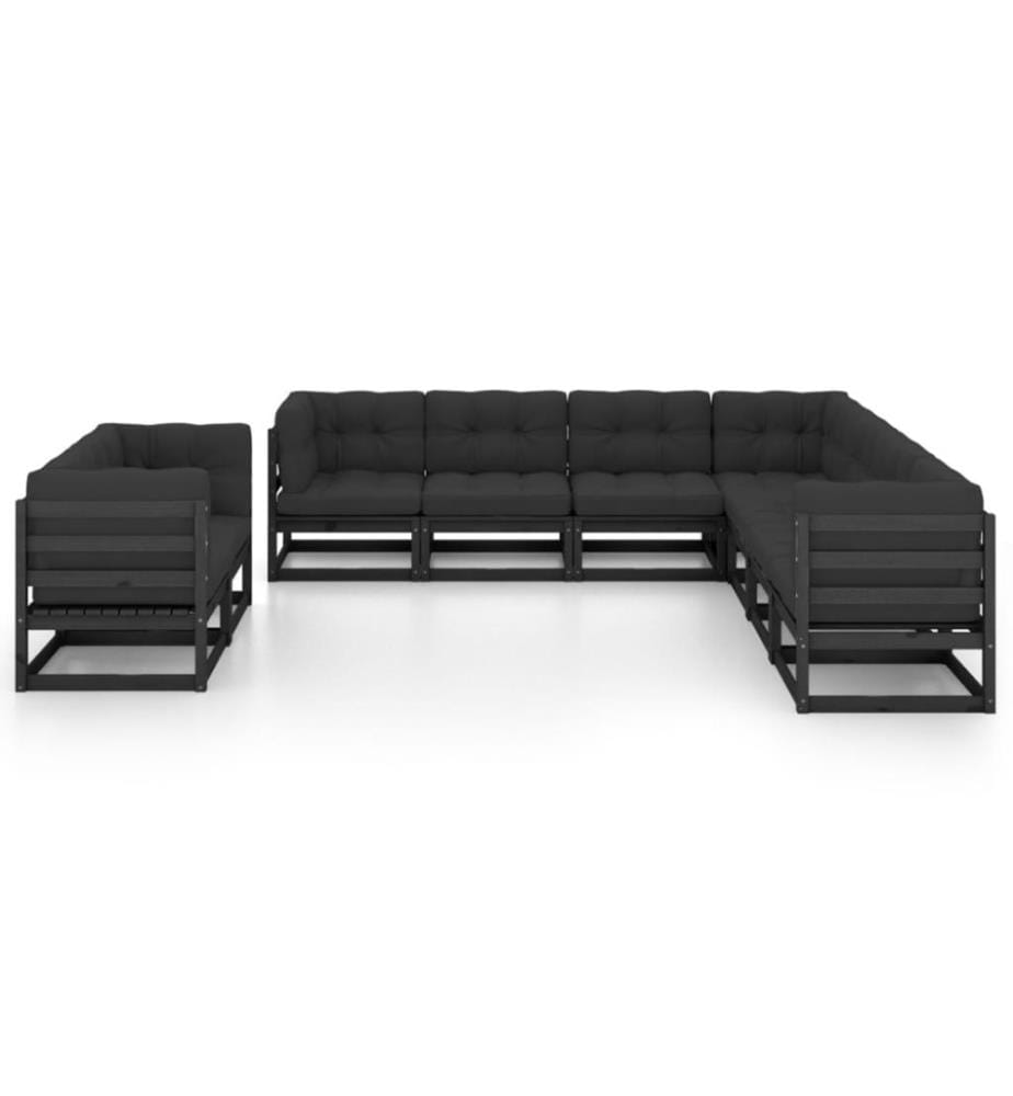 9-tlg. Garten-Lounge-Set mit Kissen Schwarz Massivholz Kiefer