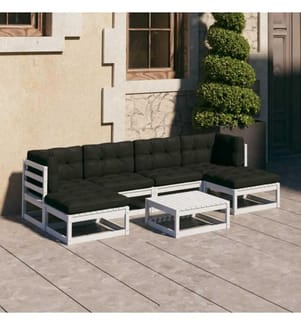 7-tlg. Garten-Lounge-Set mit Kissen Weiss Kiefer Massivholz