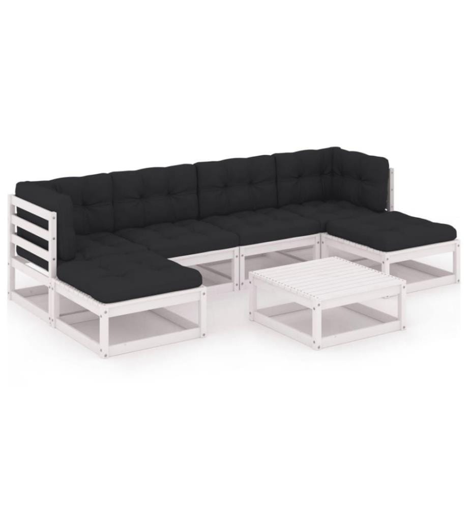 7-tlg. Garten-Lounge-Set mit Kissen Weiss Kiefer Massivholz
