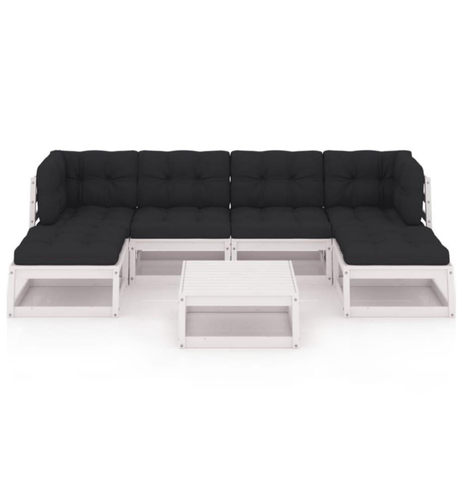 7-tlg. Garten-Lounge-Set mit Kissen Weiss Kiefer Massivholz