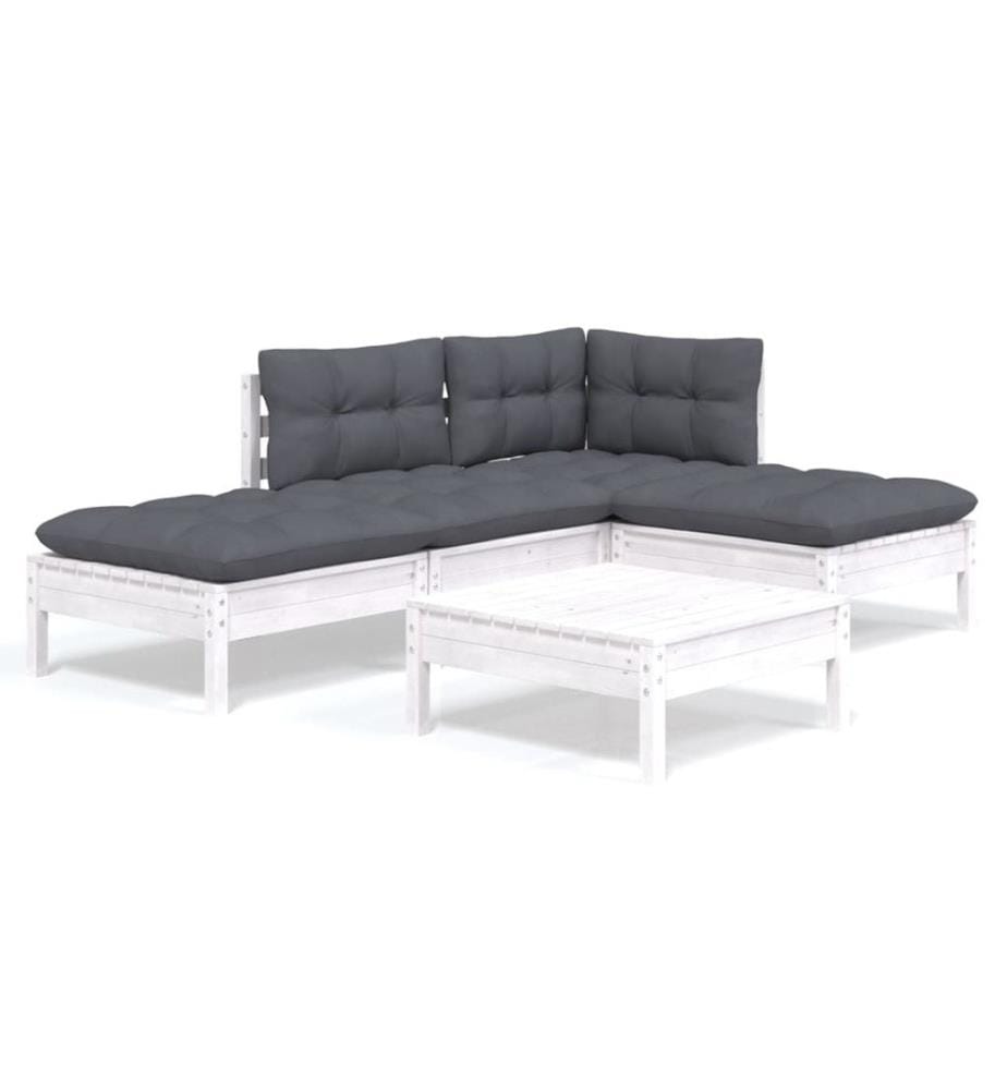 5-tlg. Garten-Lounge-Set mit Kissen Weiss Kiefernholz