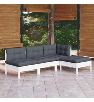 4-tlg. Garten-Lounge-Set mit Kissen Weiss Kiefernholz