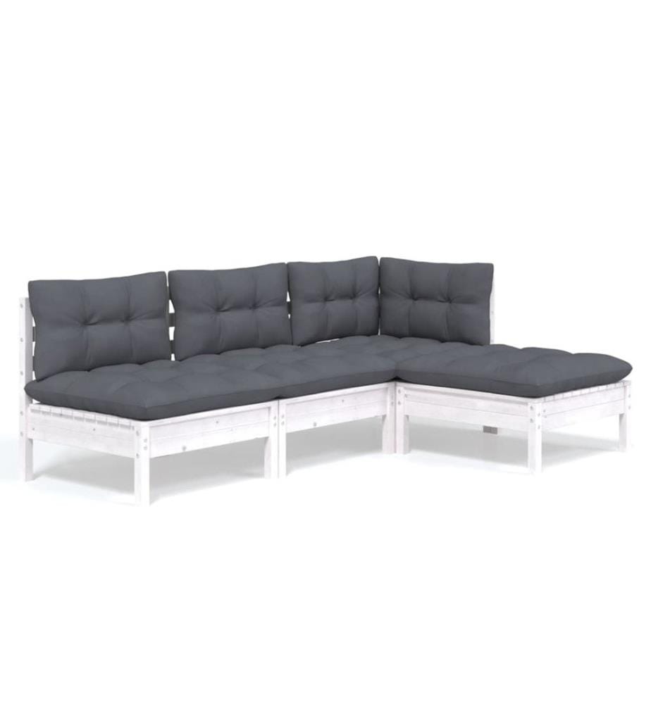 4-tlg. Garten-Lounge-Set mit Kissen Weiss Kiefernholz