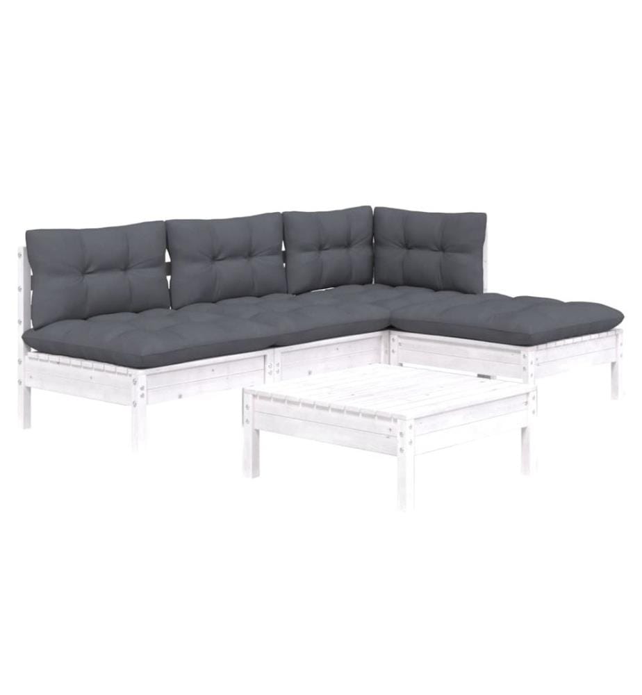 5-tlg. Garten-Lounge-Set mit Kissen Weiss Kiefernholz