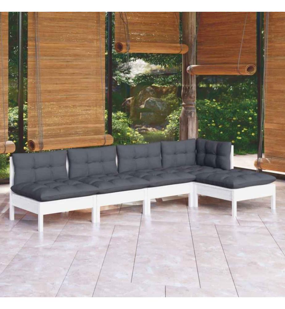 5-tlg. Garten-Lounge-Set mit Kissen Weiss Kiefernholz