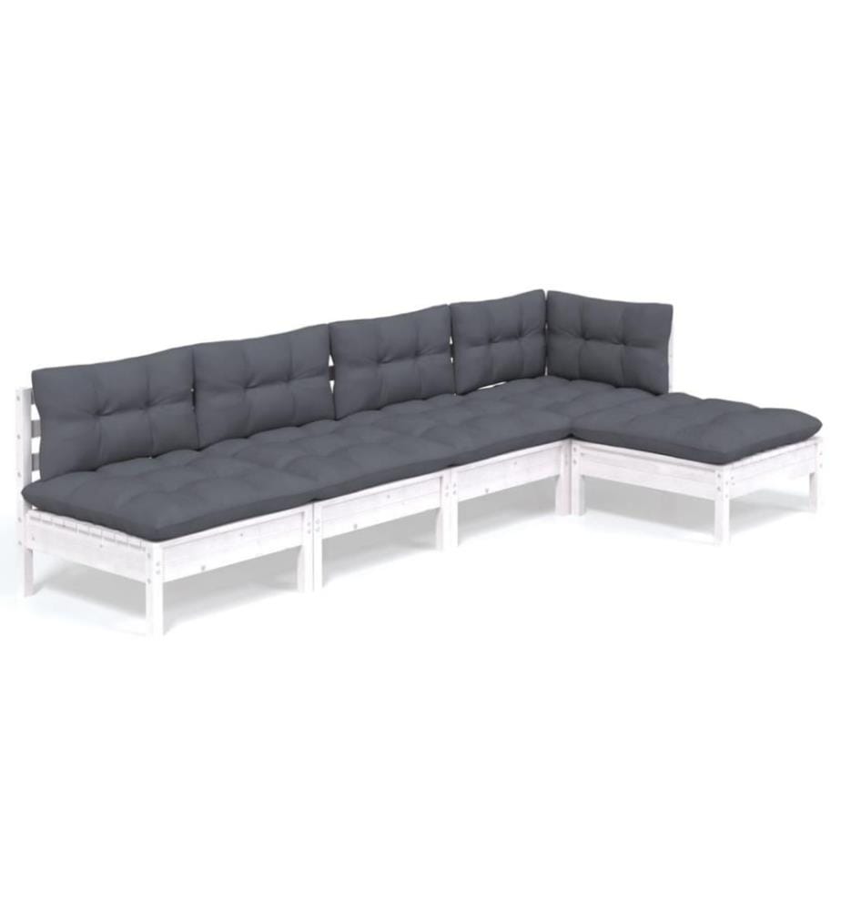 5-tlg. Garten-Lounge-Set mit Kissen Weiss Kiefernholz