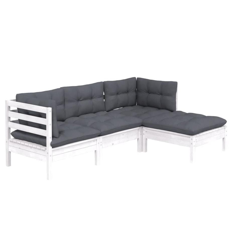 Salon de jardin 4 pcs avec coussins blanc bois de pin