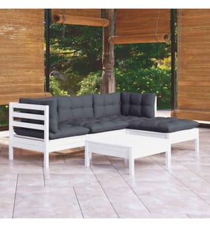 5-tlg. Garten-Lounge-Set mit Kissen Weiss Kiefernholz