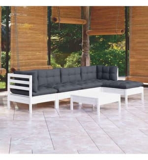 6-tlg. Garten-Lounge-Set mit Kissen Weiss Kiefernholz
