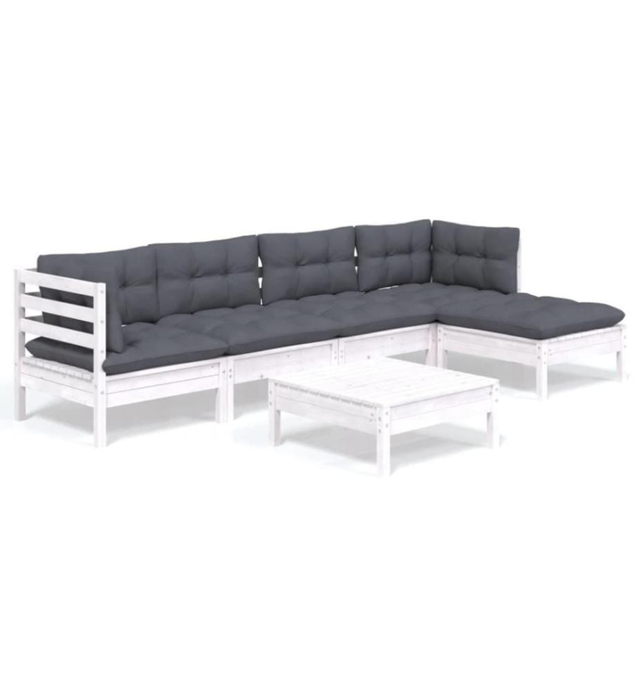 6-tlg. Garten-Lounge-Set mit Kissen Weiss Kiefernholz