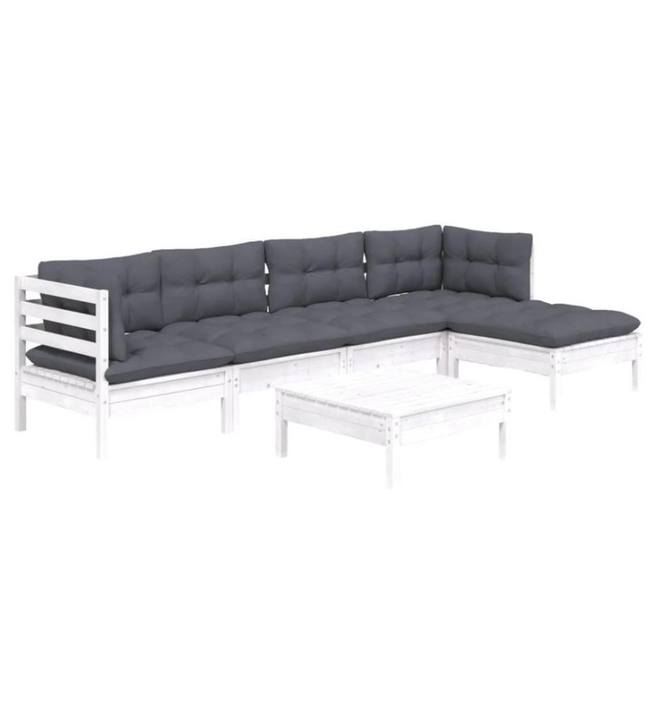 6-tlg. Garten-Lounge-Set mit Kissen Weiss Kiefernholz