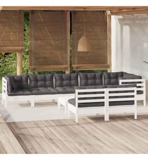 9-tlg. Garten-Lounge-Set mit Kissen Weiss Kiefer Massivholz