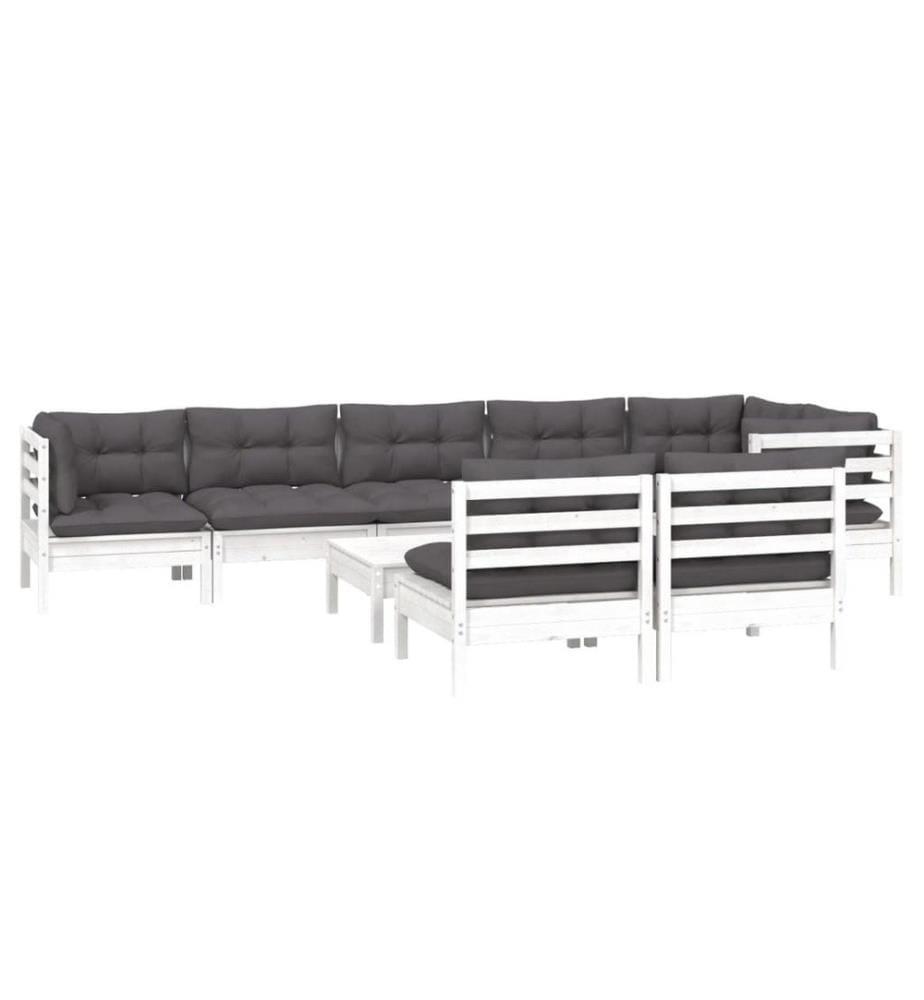 9-tlg. Garten-Lounge-Set mit Kissen Weiss Kiefer Massivholz