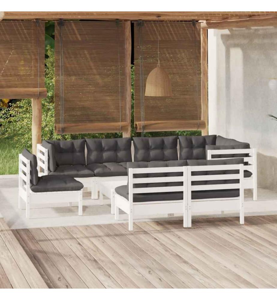 9-tlg. Garten-Lounge-Set mit Kissen Weiss Kiefer Massivholz