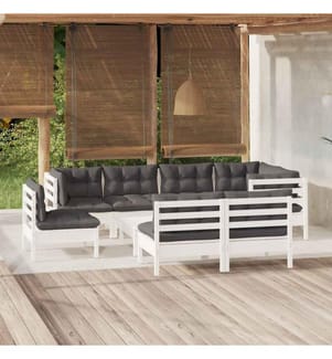 9-tlg. Garten-Lounge-Set mit Kissen Weiss Kiefer Massivholz
