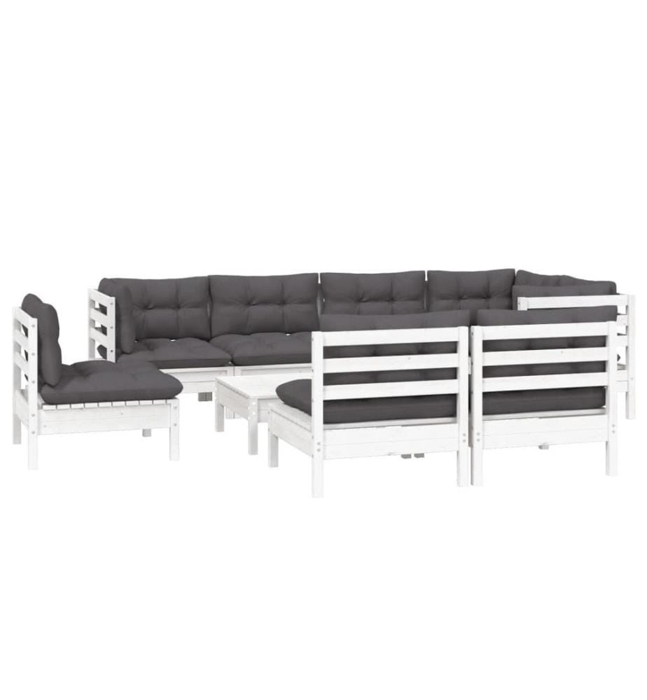9-tlg. Garten-Lounge-Set mit Kissen Weiss Kiefer Massivholz
