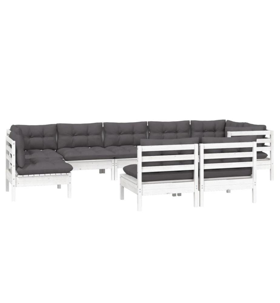 9-tlg. Garten-Lounge-Set mit Kissen Weiss Kiefer Massivholz