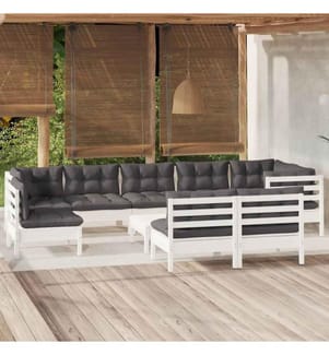 10-tlg. Garten-Lounge-Set mit Kissen Weiss Kiefer Massivholz