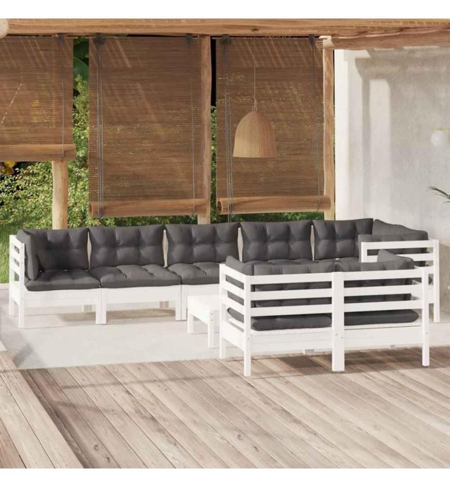9-tlg. Garten-Lounge-Set mit Kissen Weiss Kiefer Massivholz