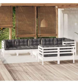 9-tlg. Garten-Lounge-Set mit Kissen Weiss Kiefer Massivholz