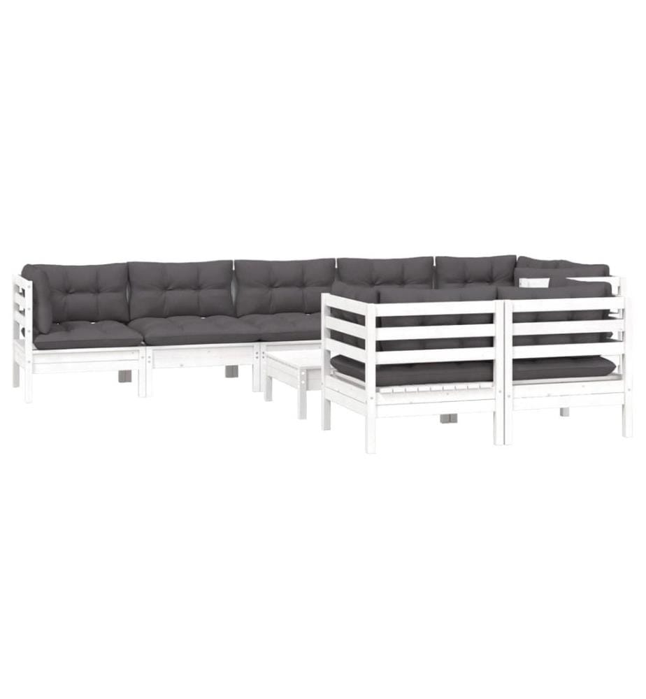 9-tlg. Garten-Lounge-Set mit Kissen Weiss Kiefer Massivholz