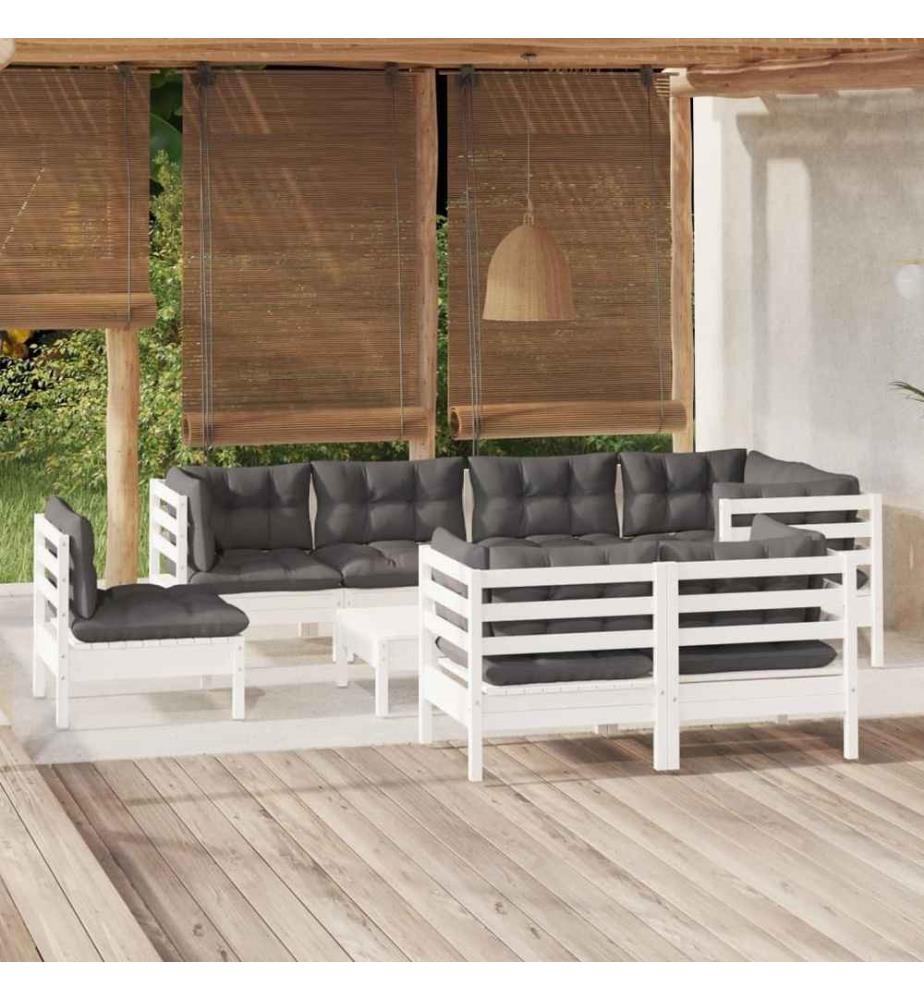 9-tlg. Garten-Lounge-Set mit Kissen Weiss Kiefer Massivholz