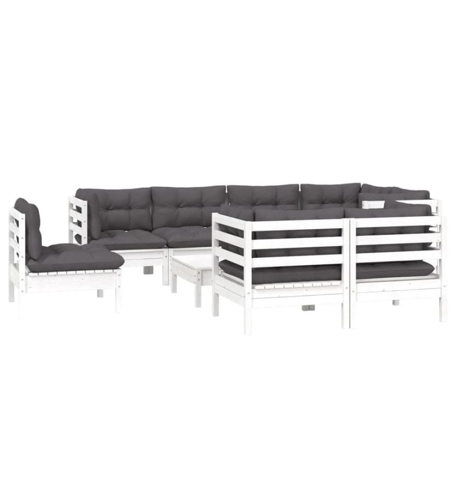 9-tlg. Garten-Lounge-Set mit Kissen Weiss Kiefer Massivholz